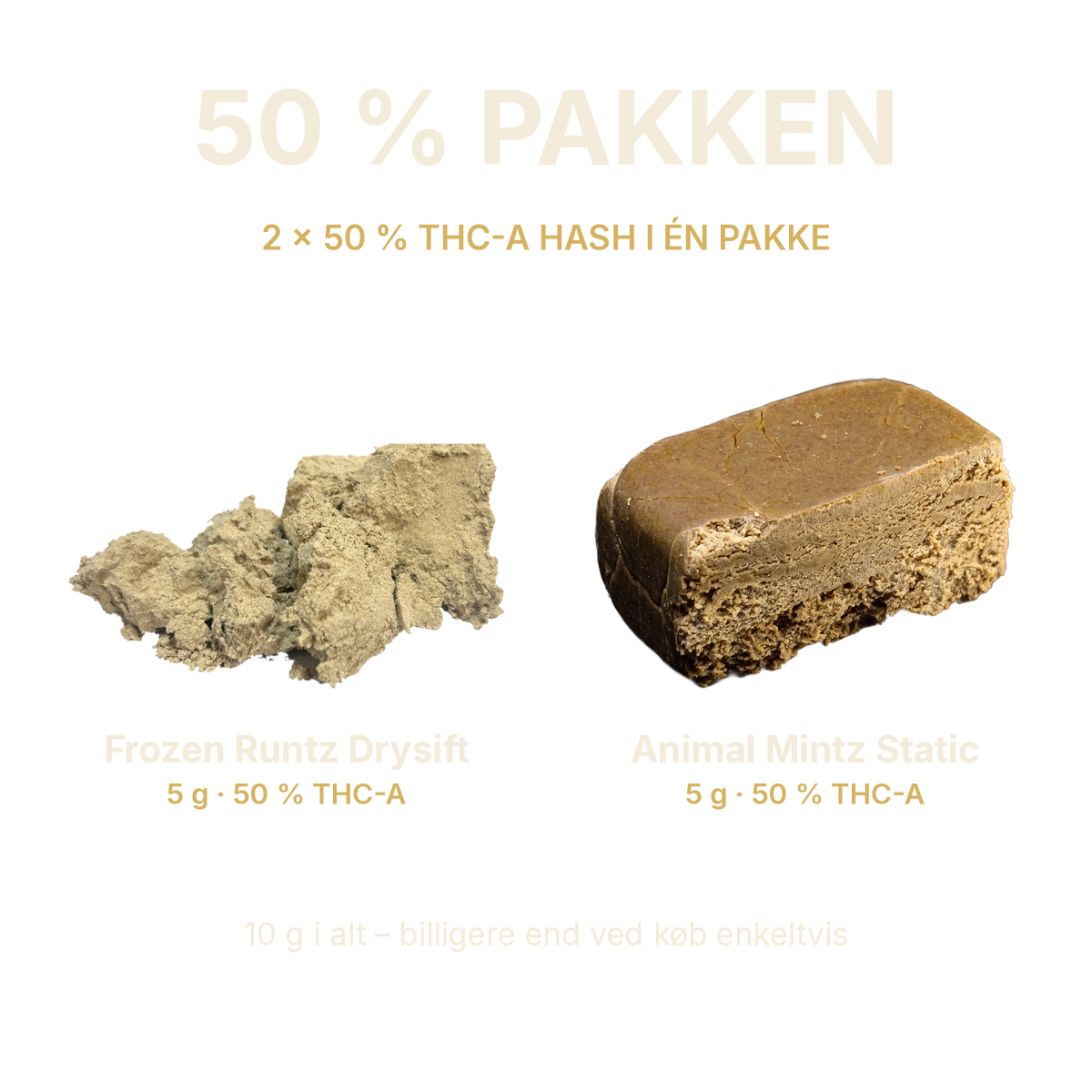 50 % pakken – 5 g Frozen Runtz Drysift og 5 g Animal Mintz Static, begge 50 % THC-A