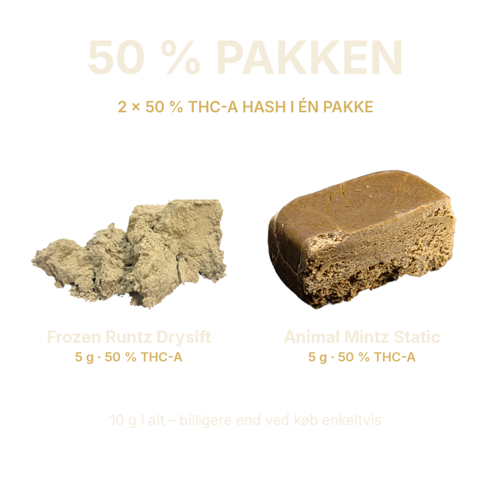 50 % pakken – 5 g Frozen Runtz Drysift og 5 g Animal Mintz Static, begge 50 % THC-A