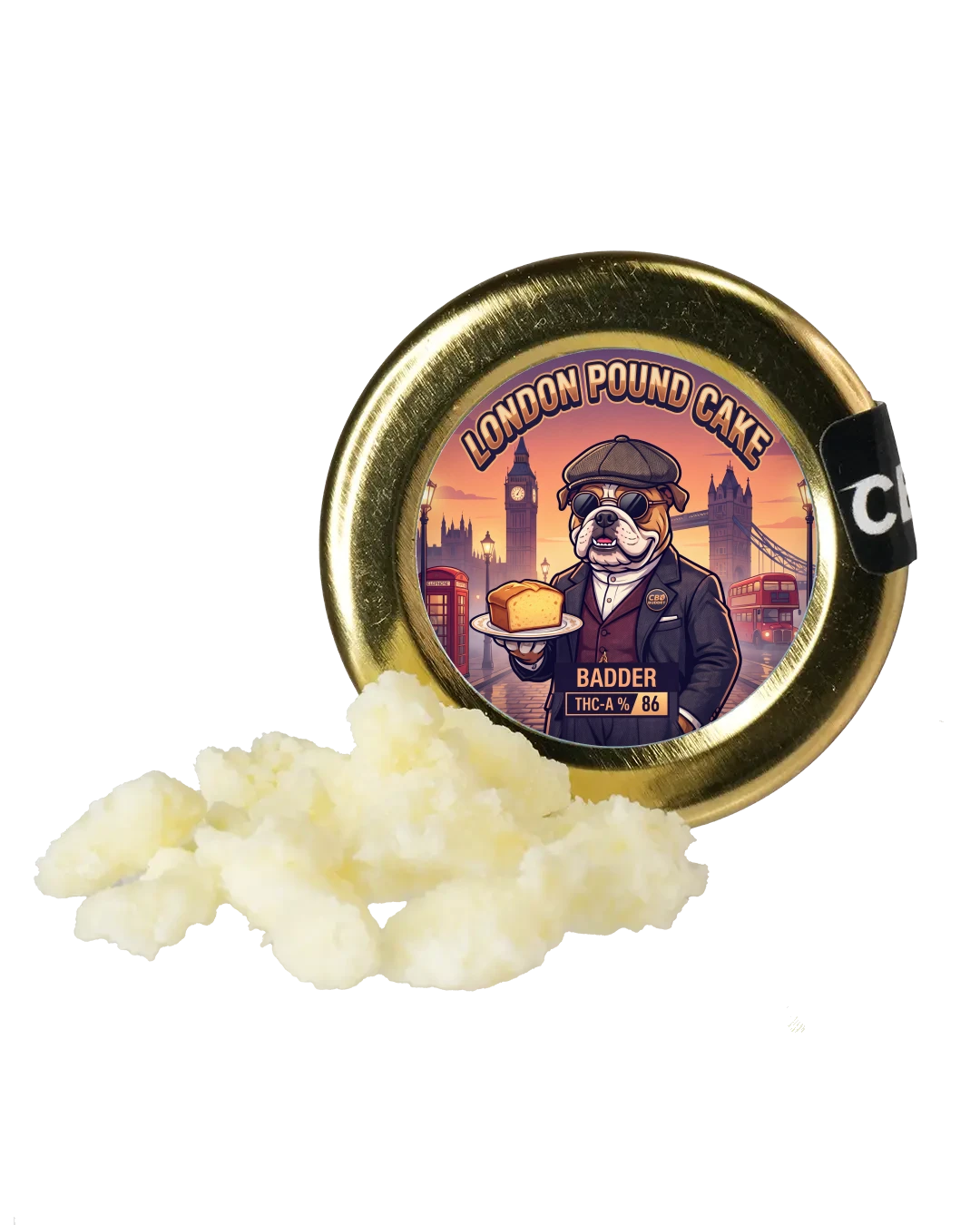London Pound Cake THC-A Badder 86 % – CBD Buddet dåse med bulldog-label