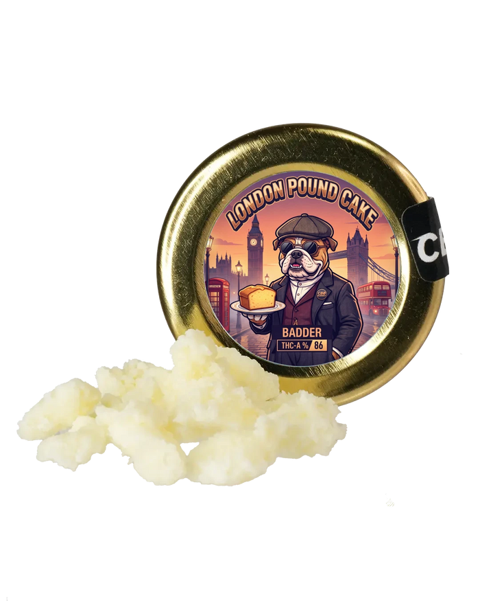 London Pound Cake THC-A Badder 86 % – CBD Buddet dåse med bulldog-label