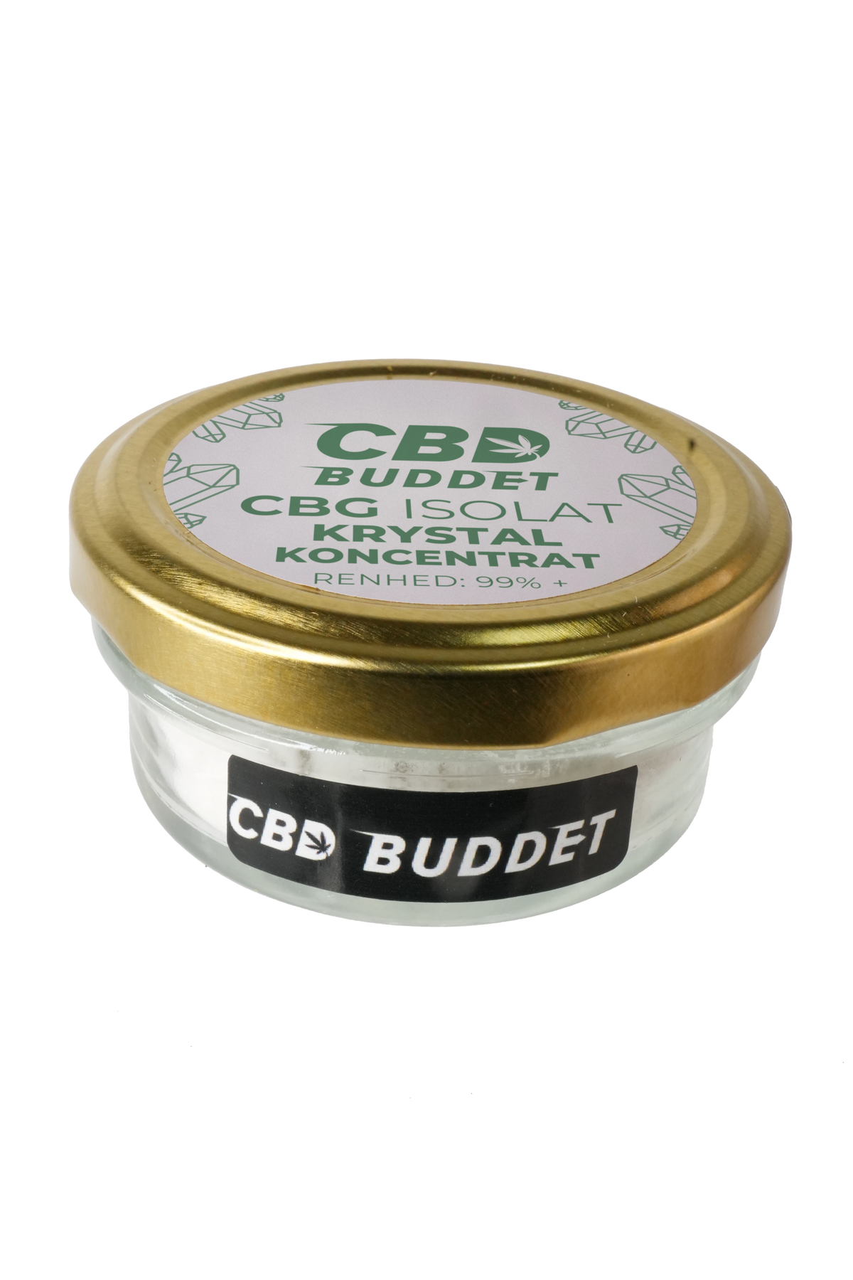 CBG isolat 99 % i glasbøtte med guldlåg
