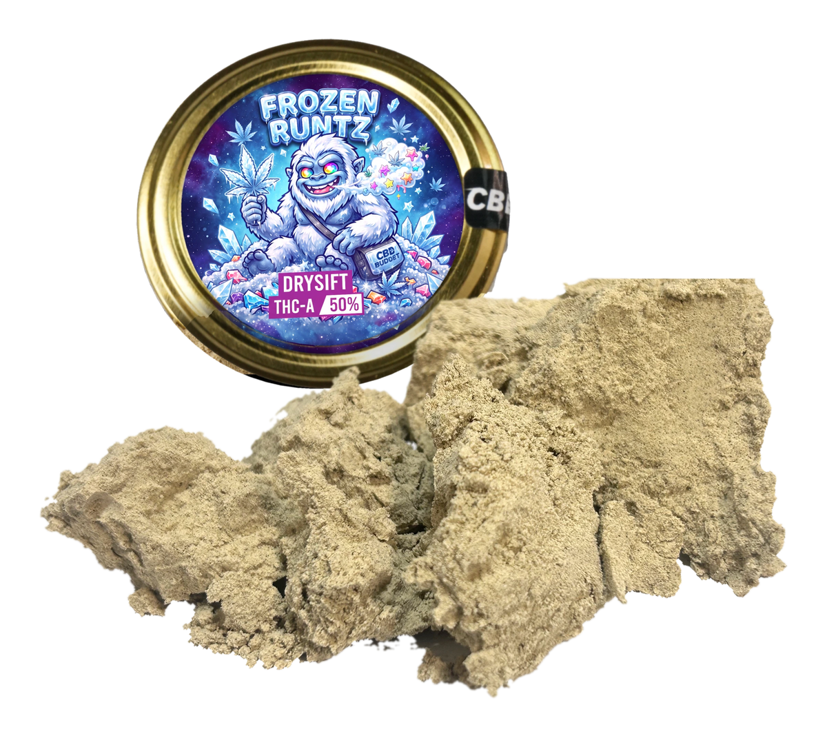 Frozen Runtz Drysift THC-A hash (50 % THC-A) foran Frozen Runtz-bøtten