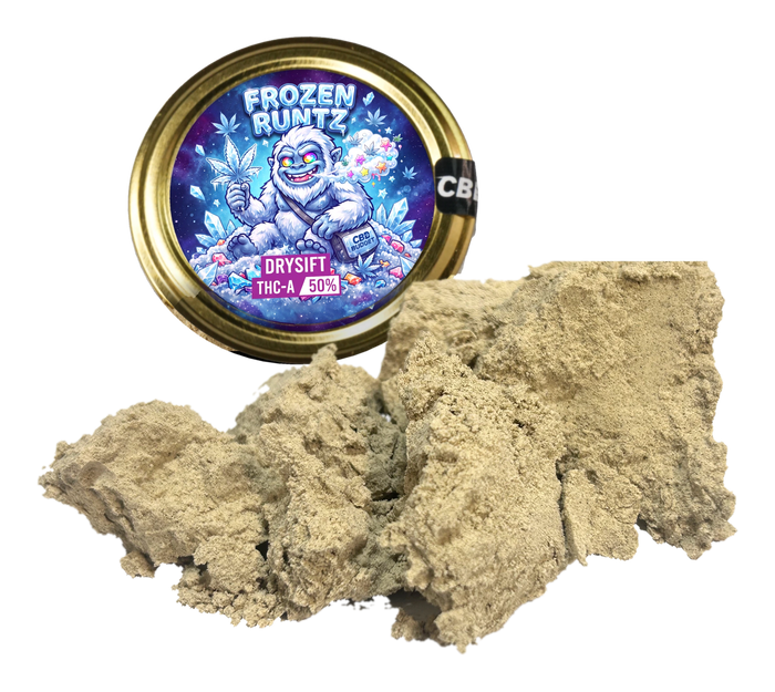 Frozen Runtz Drysift THC-A hash (50 % THC-A) foran Frozen Runtz-bøtten