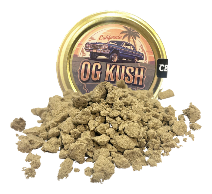 OG Kush Drysift THC-A hash (37 % THC-A) foran OG Kush-bøtten