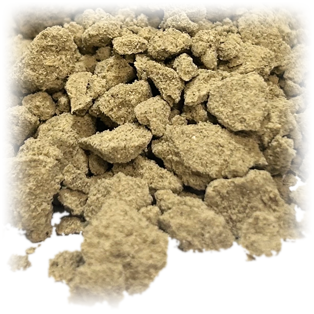 OG Kush Drysift THC-A hash – makro af den fine, pulveragtige drysift-tekstur