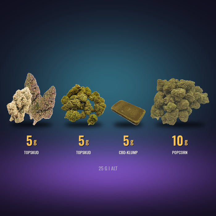 Sample Pakke – 2 × 5 g topskud, 5 g CBD-klump og 10 g popcorn