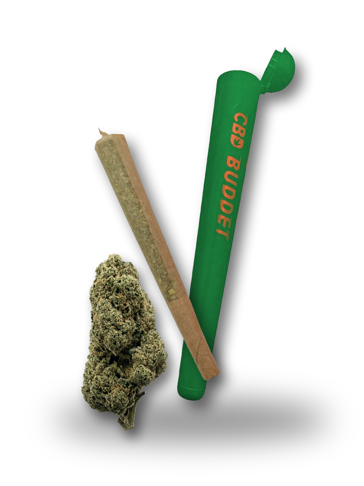 Pineapple Express CBD joint ved siden af grønt CBD Buddet-jointrør og et Pineapple Express-topskud