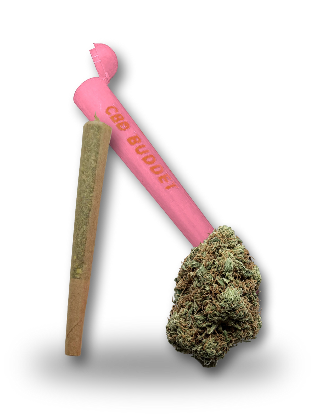 Strawnanna CBD joint ved siden af lyserødt CBD Buddet-jointrør og et Strawberry Banana-topskud